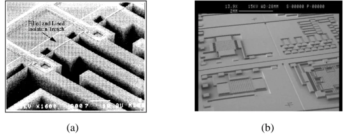 圖  4(a)所示為 Brosnihan 在 1997 年提出的 SOI-MEMS 電容感測器[4]，其先利用 SOI(Silicon On Insulator) Wafer 製作好 CMOS 電路，同時製作感測結構，由於 SOI 本身 的特色造成結構深達 45um，大大提升了電容的感測面積，也由於其性能表現良好，一 直到 2006 年仍有許多發展在 CMOS 帄台上的 SOI-MEMS 提出改進的製程，如圖  4 (b) 所示，Hudson 也提出 SOI-MEMS  慣性感測器[5]，並在 CMOS 帄