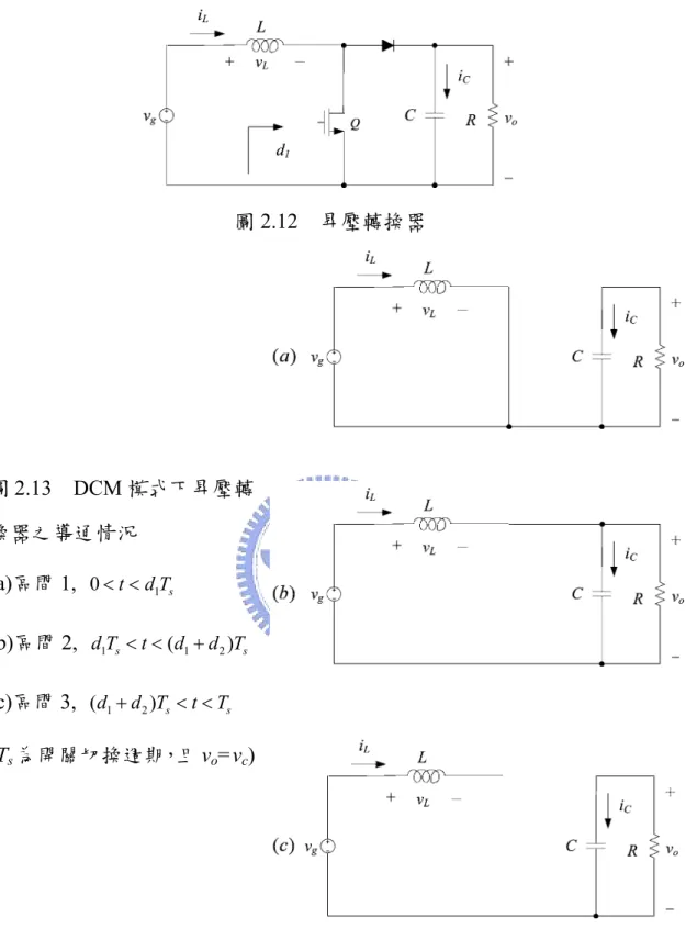 圖 2.12  昇壓轉換器                            圖 2.13  DCM 模式下昇壓轉    換器之導通情況    (a)區間 1,  0 < < t d T 1 s (b)區間 2,  d T 1 s < <t ( d 1 + d T2) s (c)區間 3,  ( d 1 + d T2) s < < t T s (T s 為開關切換週期，且 v o =v c )                                      