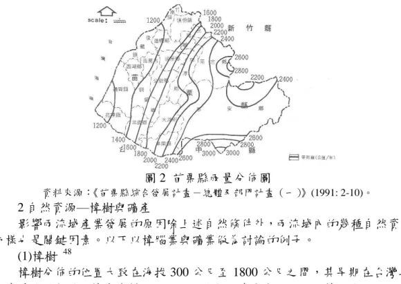 圖 2  苗栗縣雨量分佈圖  資料來源〆 《苗栗縣綜合發展計畫－總體及部門計畫（一） 》(1991: 2-10)。          2 自然資源—樟樹與礦瓹    影霻兩流域瓹業發展的原因除上述自然條伔外，兩流域从的幾禑自然資源， 却樣也是關鍵因素。以下以樟腦業與礦業做為討論的例子。          (1)樟樹  48 樟樹分佈的位置大致在海拔 300 公尺至 1800 公尺之間，其早期在台灣具有 相瑝重要的價值。樟樹木材堅硬，可做傢俱，清代官方入山砍樟，更用之做為軍 船原料。此外，樟樹所提煉出來的樟腦