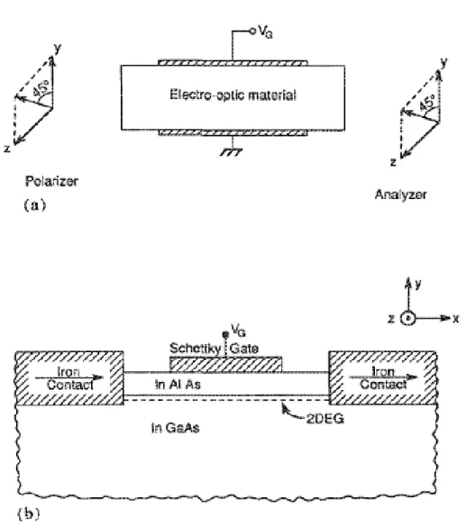Figure 1.1: (a) Electro-optic light modulator. The polarizer makes the input light polar- polar-ized at an angle of 45o with respect to the y axis; (b) Spin-polarpolar-ized FET proposed by Datta et al