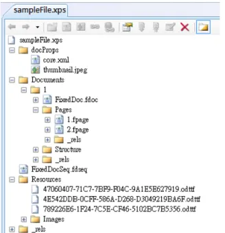 Figure 2.3 Physical hierarchy of an XPS document viewed in Open XML Editor. 