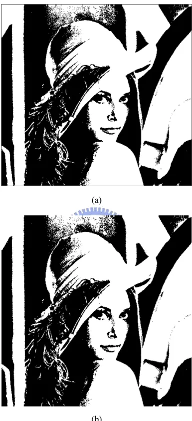Figure 3.8 Input binary images, stego-images with secret data, and differences. (a)  Binary image “Lena”