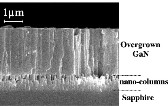 Fig. 1-2 A cross-sectional SEM image of overgrown GaN on NCs [9]. 