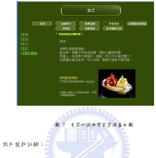 圖 7  香蕉知識網學習資源畫面圖  2、校內植物記錄：  研究者的植物記錄校內原有的香蕉樹，以 flash 的相簿格式呈現採收香蕉的情 況，真正結合實際生活的經驗  ，引起學生在學習上的動機，他們不僅能在網站上看 到香蕉樹(如圖 8)，也可以親自到校園的某個角落，觀察香蕉樹。而且，藉由這樣的 記錄和前述的事實知識，將香蕉和其生長環境等介紹給學生。 