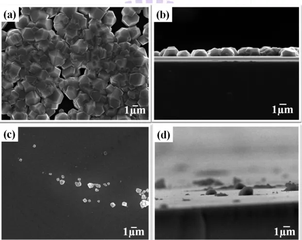 Figure 4.11: SEM images of diamond: (a) plan-view of AC, (b) cross-section view of AC,  (c) plan-view of WAC and (d) cross-section view of WAC