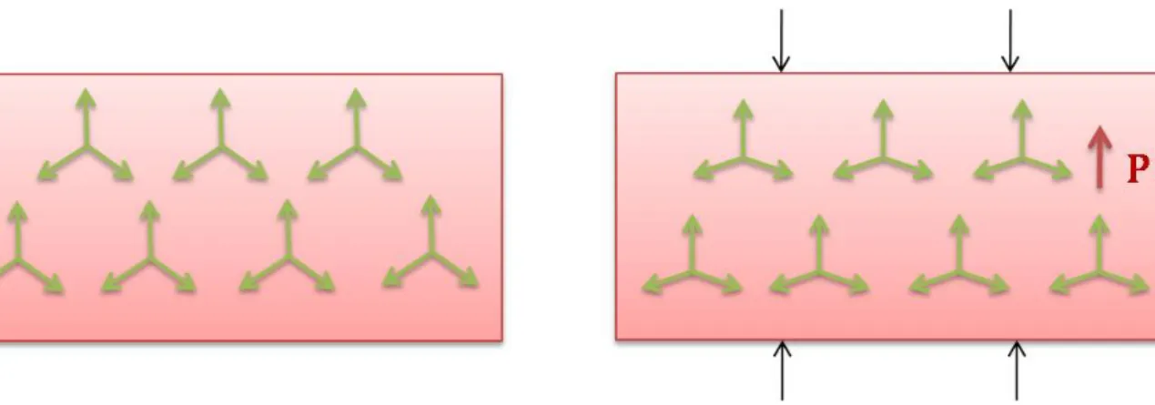Figure 1-3 Ferroelectricity of threefold symmetry structure.    (a) The unstressed crystal A + 3 B 3-  has a threefold symmetry axis with B 3-  ion at each vertex