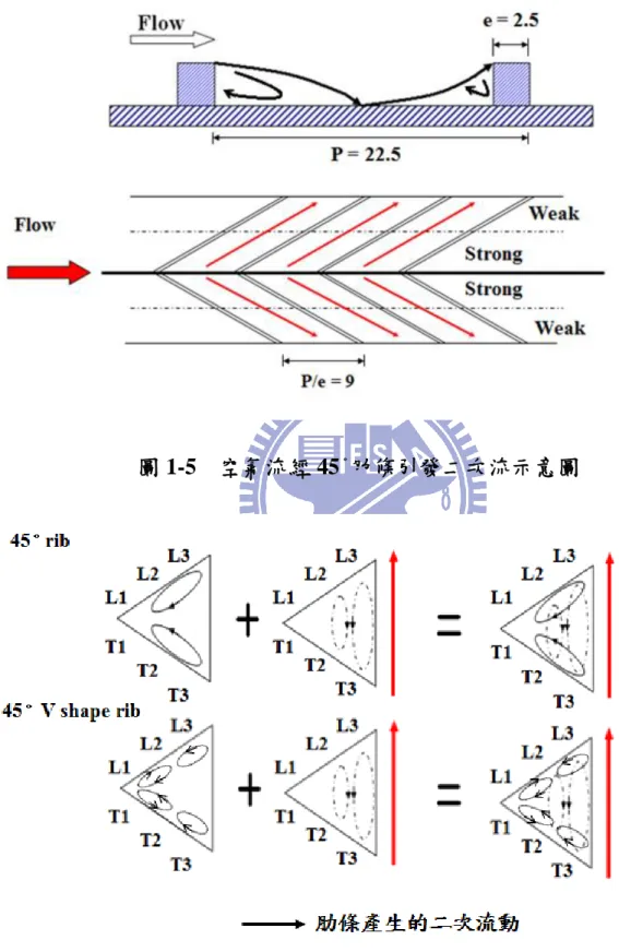 圖 1-5    空氣流經 45 。 肋條引發二次流示意圖 