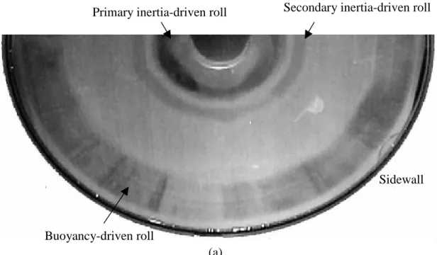 Fig. 3.1  Steady  vortex  flow  pattern  for  D j =10.0  mm  and  H=15.0  mm  at  Re j =406  (Q j =3.0 slpm) and Ra=3,170 (ΔT=10.0 ℃ ): (a) top view flow half of photo  taken at the middle horizontal plane between the disk and chamber top, (b)  side  view 