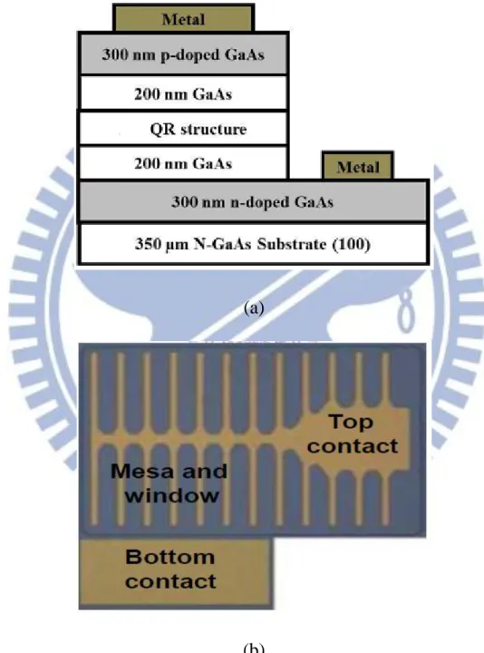 圖 3-1 PIN 銻化鎵量子環 LED (a)元件結構圖  (b)頂視圖 