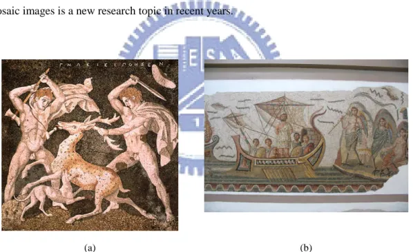 Figure 2.1 Ancient mosaic images. (a) Detail from the mosaic floor signed Gnosis in the “House of the  Abduction of Helen” at Pella, Greek, late 4th century BC, Pella, Archaeological Museum