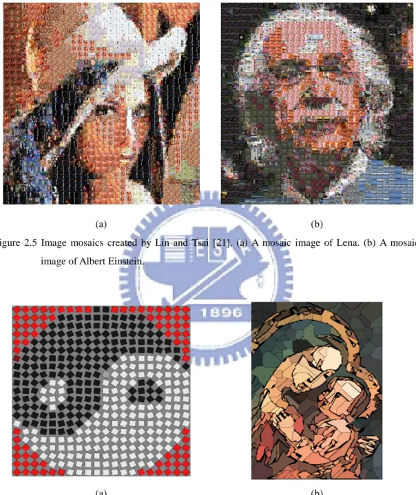 Figure  2.5  Image  mosaics  created  by  Lin  and  Tsai  [21].  (a)  A  mosaic  image  of  Lena