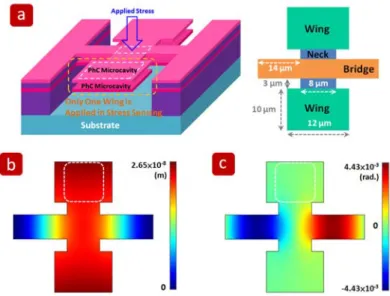 Fig. 14: (a) Scheme of DL PhC microcavity in BwWs geometry. The simulated (b) air-gap displacement Δd  and (c) torsion distribution of the InGaAsP BwWs geometry when F = 50 nN