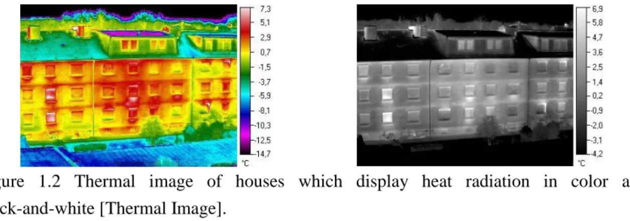 Figure  1.2  Thermal  image  of  houses  which  display  heat  radiation  in  color  and  black-and-white [Thermal Image]