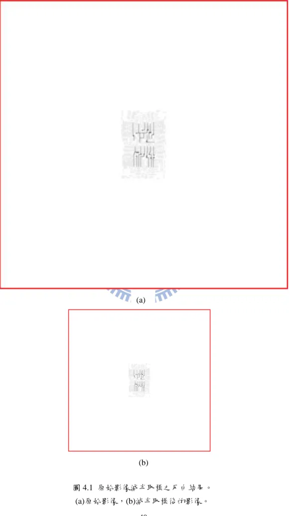 圖 4.1  原始影像減半取樣之反白結果。  (a)原始影像，(b)減半取樣後的影像。 