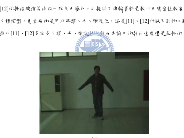 圖 5-5 則是一人像彎腰、蹲下及躺下的連續影像及姿態識別後所產生的人體 模型，圖 5-5(a)為其背景環境，由圖中我們可以看到背景和人物之衣服顏色相異 較易區分，但是影子有時候會過深以至於無法濾除，且加上鞋子跟地板之顏色過 近還有地板會反光等影響，都會使得辨別結果不佳。由圖中可以看出前背景分割 較不佳且產生較多遮蔽的情況下，本論文的識別度較沒有前兩個高，但仍然有不 錯的表現。表 5-3 為這段影像的識別結果之正確率。表 5-4 為測試五段(包含上述 三段)性質相異、不同姿態的影片所得到的識別結果的正確率。