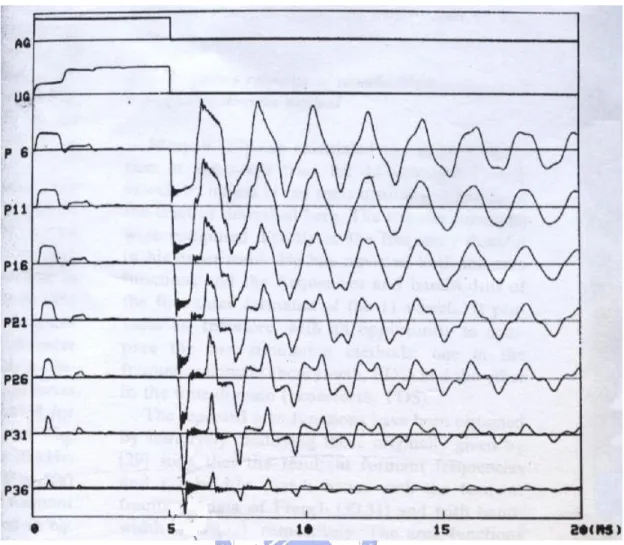 Fig. 2-5 : A given step function for the glottal area (AG), the calculated glottal airflow  (UG), and acoustic pressures at different places (From P6 to P36) along the uniform tube