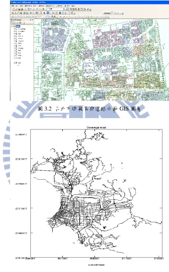 圖 3.2  台北市建築區與道路示範 GIS 圖層 