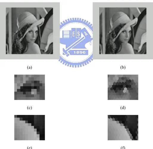 Figure 3-10.  The example of different type of sampling methods, where (a) is the rectangular-type  image, (b) is hexagonal-type image, (c) and (e) show the details of (a), (d) and (f)  show the details of (b)