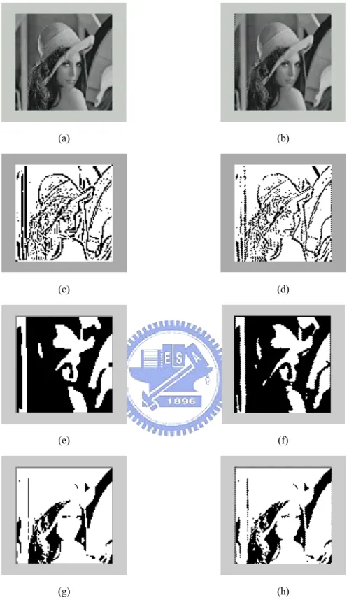 Figure 3-16.  Experimental results were shown in this figure, where (a), (b) are the input images  for the rectangular-type CNN and the hexagonal-type CNN respectively