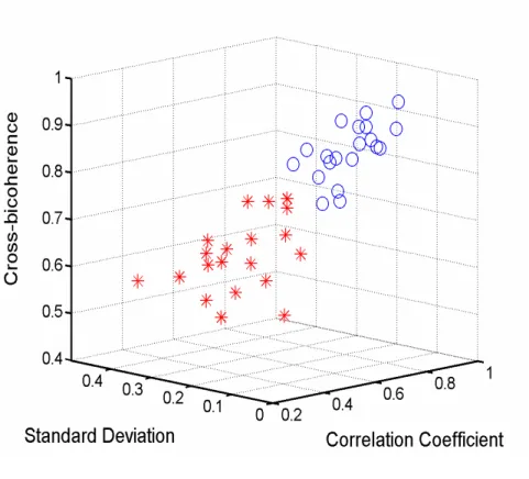 Fig. 9. The results of analyzing twenty healthy subjects and twenty vascular patients are embedded in the three dimensional feature spaces: (correlation coefficient, the standard deviation of transfer function, and cross-bicoherence)