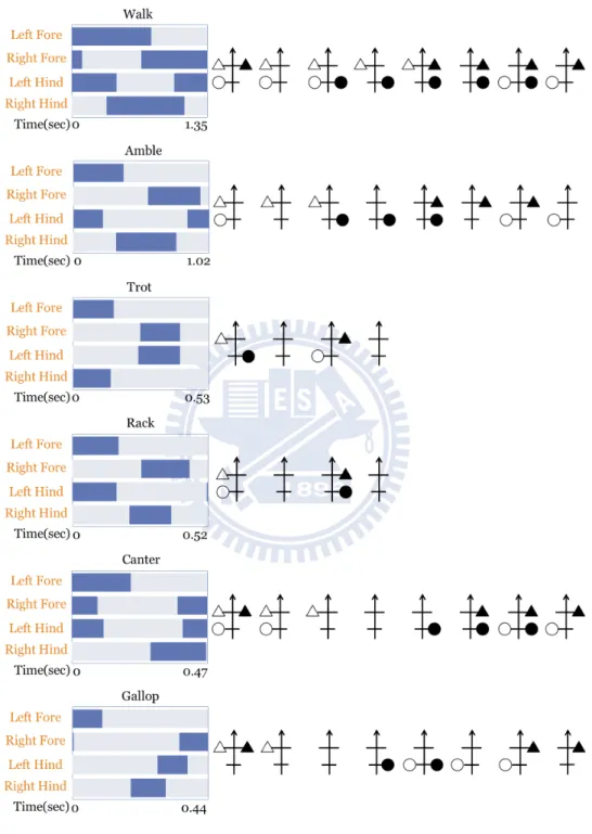 Figure 3.5: The left side represents the time duration of the feet at different gaits