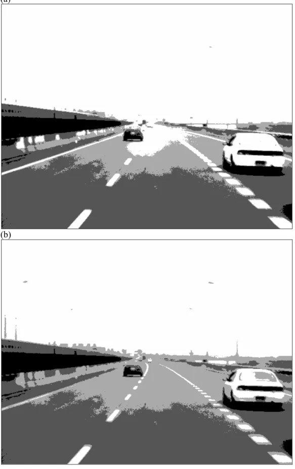 Fig. 3.3  An example of the road image segmentation by different thresholds. (a) The  segmented image of Fig