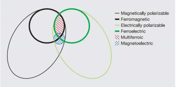 Fig. 1.2 The relation between multiferroic and magnetoelectric materials. [20] 