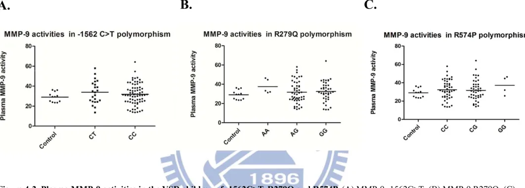 Figure 4-2. Plasma MMP-9 activities in the VSD children of -1562C>T, R279Q and R574P