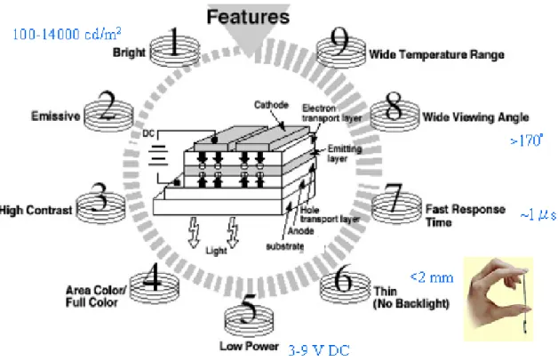 Fig. 1.1 The features of OLED panel. 