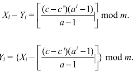 Figure 5.4: Scatter plot for the pair of  is shown for the parallel LCG set,   and  (1) (2)(Xi, X )i(1)(1)3116807 1  mod  (2 1)iiX=X − − X i (2) = (16807 X i (2)−1 + 1) mod  (2 31 − 1).