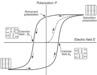 圖 1-4  鐵電材料之遲滯曲線(Ashby et al., 2007)  1-2-3  磁致伸縮材料  磁致伸縮材料是能夠耦合機械場與磁場的智能材料。當材料被施加外部磁場時， 因而產生應變，即為磁致伸縮(Magnetostriction)。磁致伸縮效應用以描述磁場與材料應 變間的耦合，涵蓋線性(Linear)與非線性(Nonlinear)兩個部分，而壓磁效應則單指其中 的線性項部分(顧宜, 2002)。由於在本文中，假設應變與磁場、電場三者間為線性相關， 因此探討的多鐵性複合材料亦可稱之為壓電壓磁複合材料