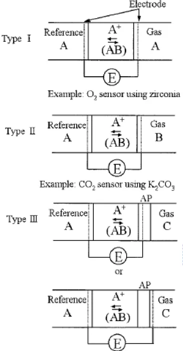 Figure 1-1: Three types of solid-electrolyte gas sensors [9].   