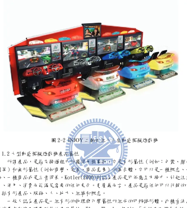 圖 2-2 INJOY 二軸四組八人座動感模擬遊戲機  2.1.2 大型動感模擬遊戲機產品屬性  所謂產品，是指交換過程中所獲得每樣事物，它是有形屬性（例如：包裝、顏色、外 型等）和無形屬性（例如商譽、定價、商品意象）的集合體，它可以是一種概念、一種勞 務、一種商品或是三者得兼。Kotler(2000)則認為產品是可供應至市場中，引起注意、購 買、使用、消費而能滿足需要的任何東西。更廣義而言，產品是指任何可以行銷的東西， 包括有形產品、服務、人、地方、組織和概念。  一般人認為產品是一組有形的物理與化學屬性