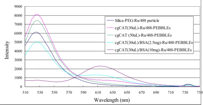Figure 8. Fluorescence spectrum of cgCAT/BSA-Ru/488-PEBBLE v.s. [H 2 O 2 ]  Fluorescence spectrum shows that when the ratio of catalase to BSA increased in the  reaction composition, the fluorescencedye entrapping efficiency was altered