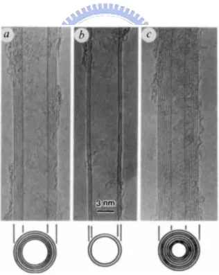 Fig. 2.2  TEM images of CNTs. The parallel lines correspond to the (002) lattice images  of graphite