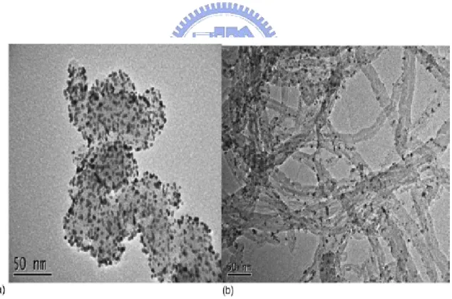Fig. 1.5 (a) and (b) are typical TEM images of Vulcan carbon-supported and CNT 