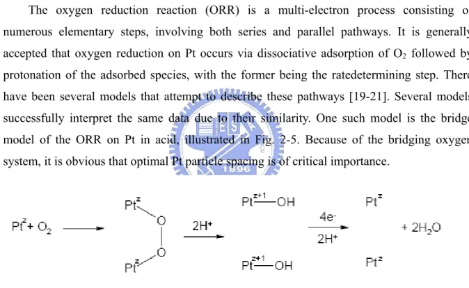 Fig. 2-5 The bridge model of oxygen reduction on Pt (z represents the oxidation state)