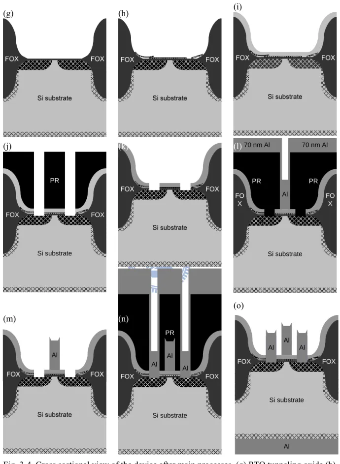 Fig. 3-4. Cross sectional view of the device after main processes. (g) RTO tunneling oxide (h)  spin-coating CNT (i) ALD Al 2 O 3  (j) S/D contact etching (k) ALD Al 2 O 3  densification (l) gate  patterning and gate metal (Al) deposition (m) gate metal li
