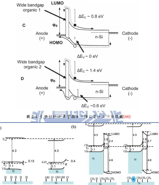 圖 2-4  有機材料/矽異質接面太陽能電池工作原理圖[66] 