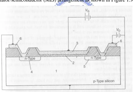 Figure 1.8. Schematic of the insulated-gate field-effect transistor (IGFET): 1, p-type silicon  substrate; 2, insulator; 3, gate metal; 4, n-type source; 5, n-type drain; 6, metal contacts to source  and drain