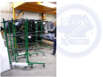 Figure 12) The in-house developed stackable holders with wheel, are very space efficient 