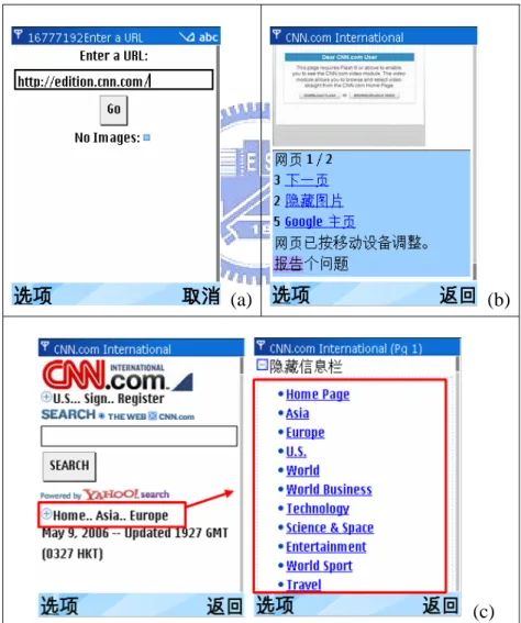 Figure 2-4: (a) Google Mobile Proxy (b) Pagination (c) Links collapsing 