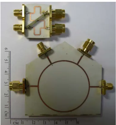 Fig. 3-12. Fabricated circuits of the conventional and reconfigured single-section hybrid  rings