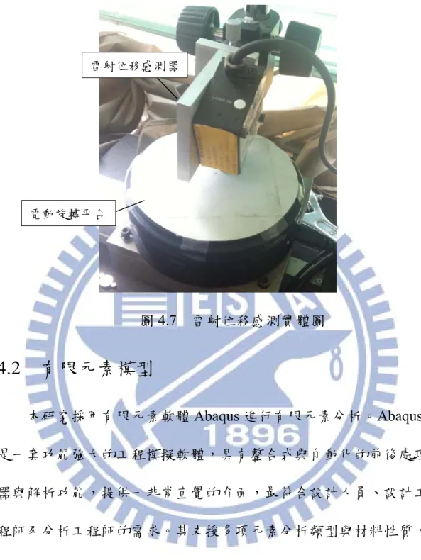 圖 4.7  雷射位移感測實體圖  4.2  有限元素模型      本研究採用有限元素軟體 Abaqus 進行有限元素分析。Abaqus 是一套功能強大的工程模擬軟體，具有整合式與自動化的前後處理 器與解析功能，提供一非常直覺的介面，最符合設計人員、設計工 程師及分析工程師的需求。其支援多項元素分析類型與材料性質， 可進行線性與非線性的問題分析，並且在模擬中，Abaqus 能夠自動 調整時間增量（Time Increment）與收斂公差，讓模擬結果更為準確 及效率。  雷射位移感測器電動旋轉平台 