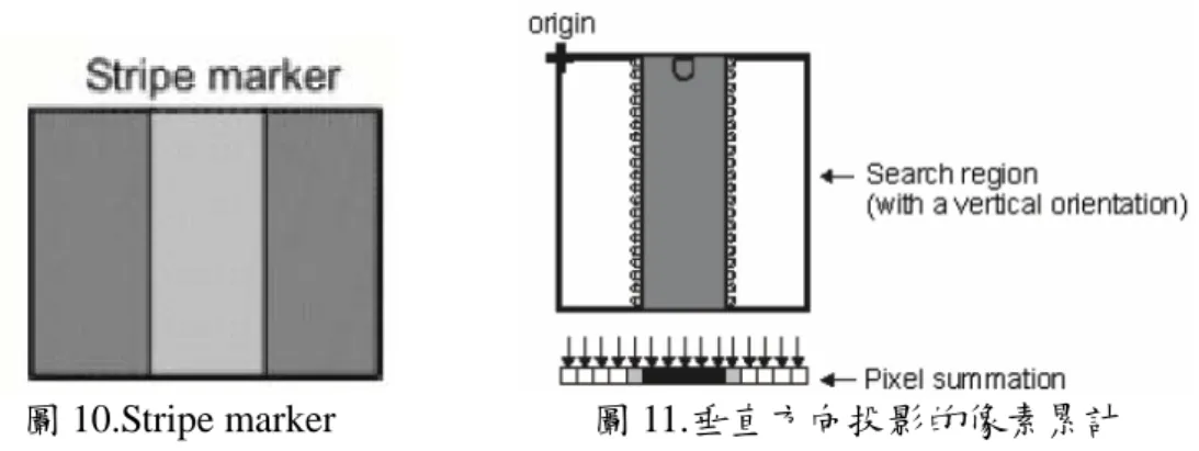 圖 10.Stripe marker             圖 11.垂直方向投影的像素累計 