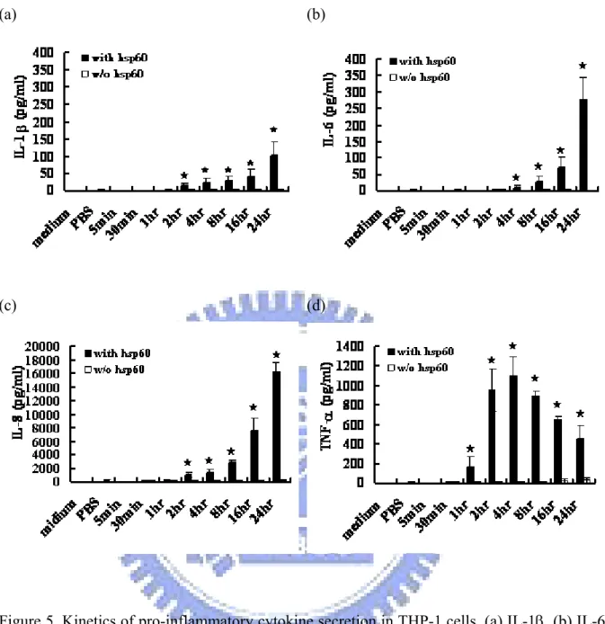 Figure 5. Kinetics of pro-inflammatory cytokine secretion in THP-1 cells. (a) IL-1β, (b) IL-6,  (c) IL-8, and (d) TNF-α secretion by THP-1 cells stimulated with 10 μg/ml rHpHSP60