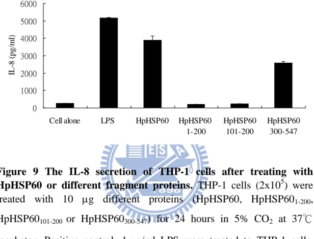 Figure  9  The  IL-8  secretion  of  THP-1  cells  after  treating  with  HpHSP60  or  different  fragment  proteins