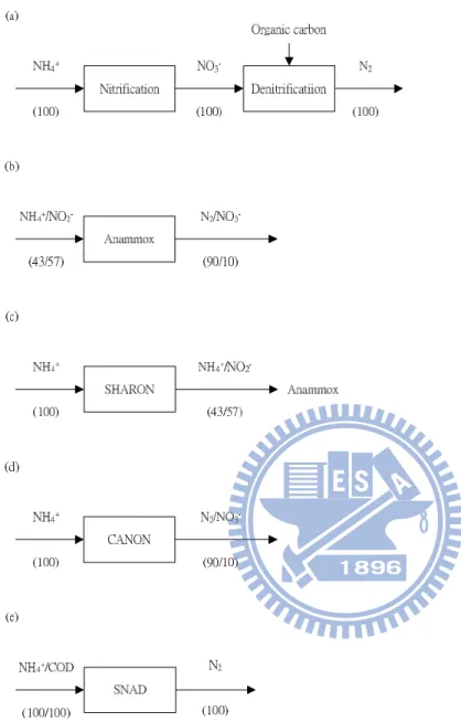 Fig. 1 Flux diagrams of the nitrification-denitrification (a); Anammox (b); SHARON (c);  CANON (d); and SNAD (e)