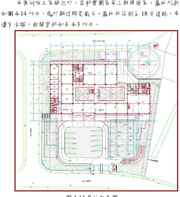 圖 4-14 基地配置圖4.4  尺寸錯誤範例 1.以輕隔間開口留設錯誤為例 （1）案例工程背景說明   本案例施工區域位於，某科學園區第三期開發區，基地形狀如圖 4-14 所示， 處於鄰近聯電廠房，基地前後側為 18 米道路，旁邊有水塔，相關資料如表 4-3 所示。  表 4-3 案例工程背景資料表  工程類型  新竹科學園區某電子廠房研發中心新建工程  工程規模  地上七層  地下三層  工程金額 500,000,000 元 基地面積  12,300 m 2 總樓地板面積  45,562 m 2 建物高