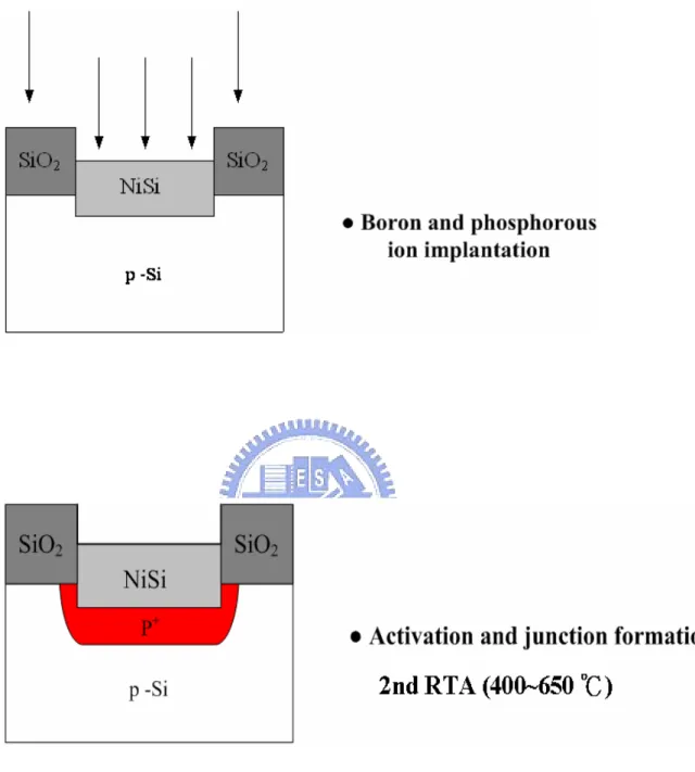 Fig. 2-1 Process flow of NiSi/p + p junction by ITS scheme. 